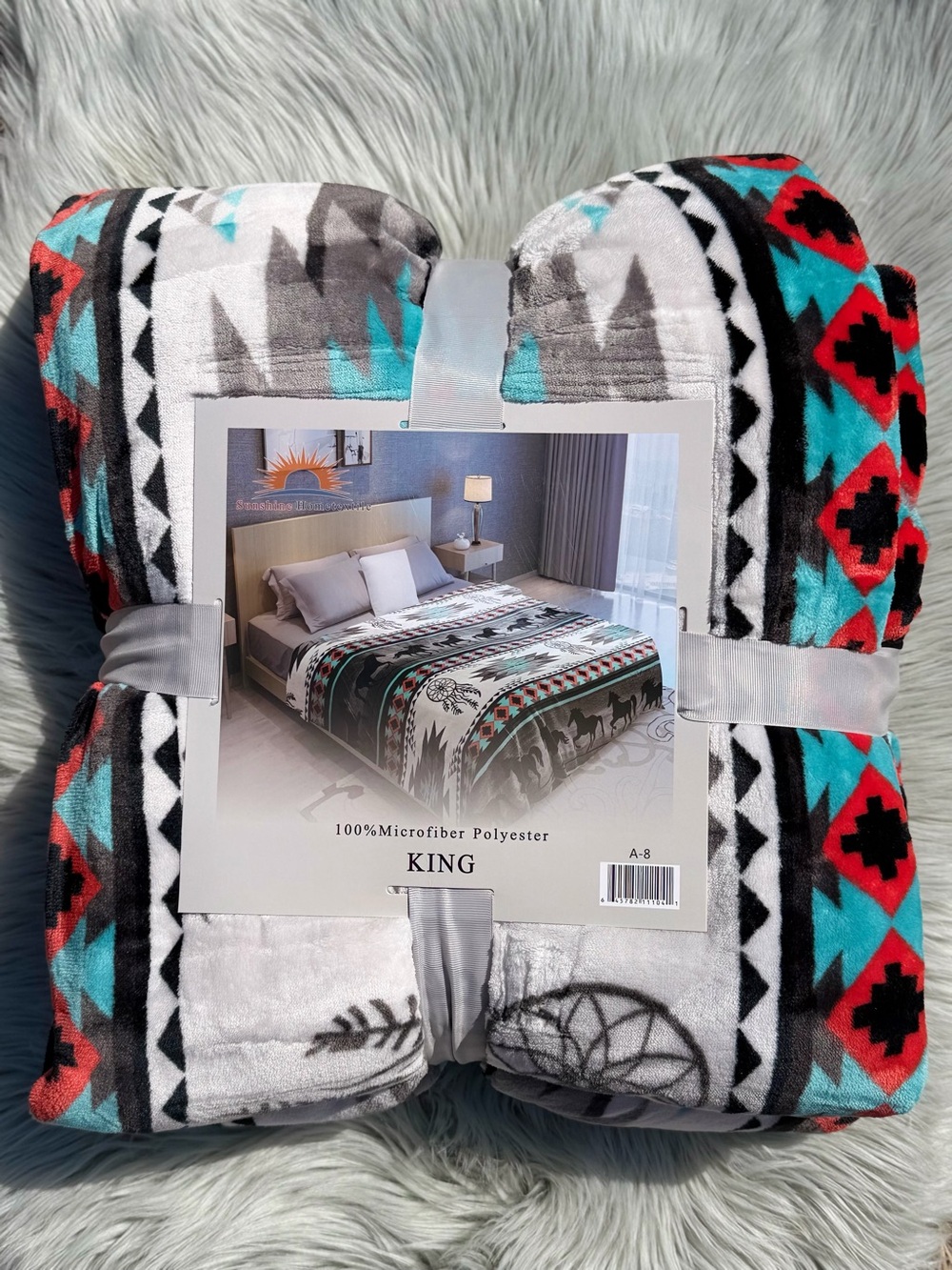 New king size Southwestern Dreamcatcher Plush Bed Blanket White/Turquoise/Black - Picture 2 of 5
